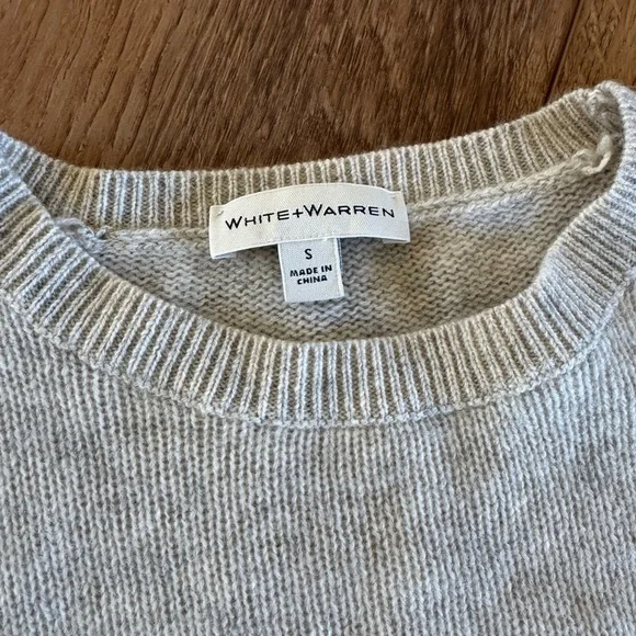 White + Warren Gray and Cream Crew Neck Sweater Braid Detail Cashmere / small - Picture 4 of 8